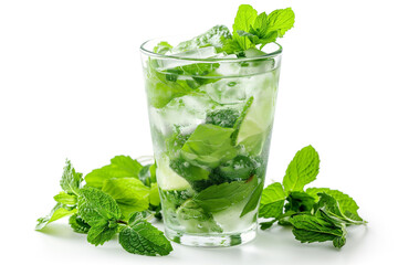 mojito drink in glass with ice and mint isolated on white background