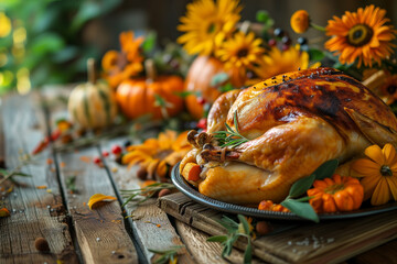Thanksgiving dinner, roasted turkey with pumpkins and sunflowers on wooden table