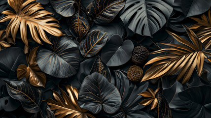 Black and gold tropical leaves texture