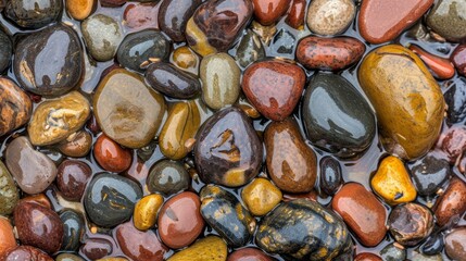 Colorful natural wet beach pebbles texture background