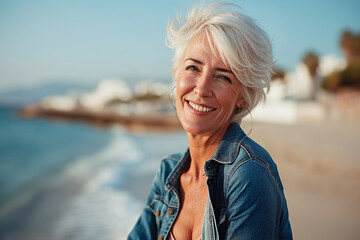 Smiling mature woman at the beach, happy, joyful, enjoying sunny weather near the ocean, natural and relaxed senior lifestyle - obrazy, fototapety, plakaty