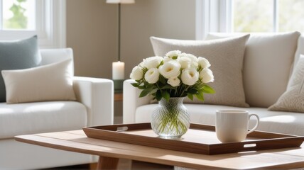 Fototapeta na wymiar White bouquet on the wooden coffee table with sofa in a cozy room white mug coffee, featuring a glass vase filled with sweet white tone, wooden tray, soft natural light streaming through a window
