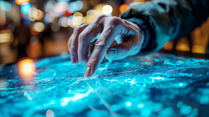 A person in a suit presses his finger on the glitter that falls on the touch screen. Digital people pointing fingers at business plans Innovative page design, bokeh, business or technology design.