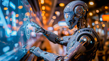 A robot is pressing his fingertips against a computer that's connected via an interface, 
pointing to an "AI" icon displayed on afuturistic virtual screen, in the style of bokeh panorama, the hand of 