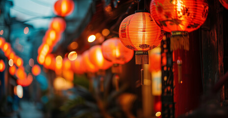 Happy chinese new year with traditional red lantern hanging for celebration, blurred street night background with copy space - obrazy, fototapety, plakaty