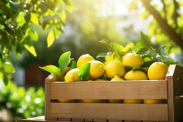 lemons fresh in wooden crate, blurred plantation background