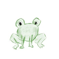 cute green frog, children's drawing on a white background