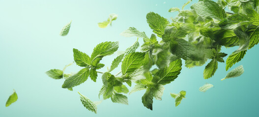 green mint leaves falling and flying in air