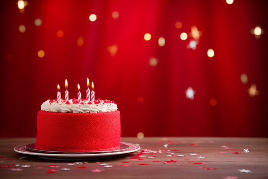 cake festive red with five burning candles on simple background cake festive green with burning candles on simple background