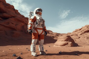Astronaut in a spacesuit on undiscovered planet surface in another world. Colonizing Mars planet concept