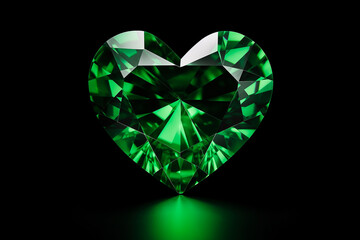 crystal stone green transparent colorless, form of heart symbol of love on dark background