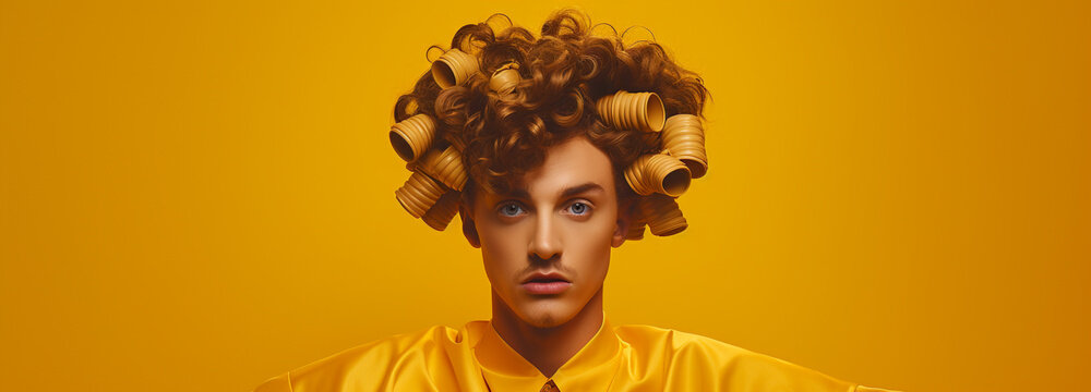 Man with curlers in his hair on yellow background, generative AI