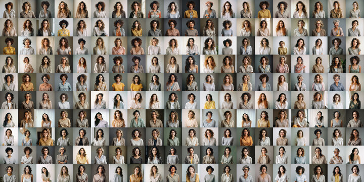 Diversity concept. Collage of 200 diverse happy women portraits, a lot of different female faces set. Multiethnic businesswomen staff people, many african asian indian european ladies montage mosaic.