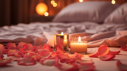 aromatic candles on the bed plan and rose petals. romantic - obrazy, fototapety, plakaty