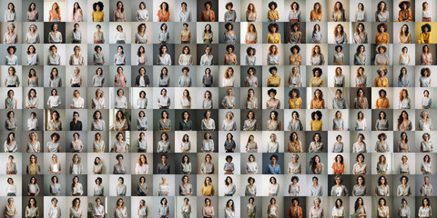 200 diverse happy women fashion portraits, a lot of different female faces collage. Multiethnic businesswomen staff people, many stylish african, asian, indian and european ladies set montage mosaic. - obrazy, fototapety, plakaty