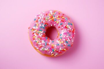 Single pink glazed donut with colorful sprinkles on the pink background - obrazy, fototapety, plakaty