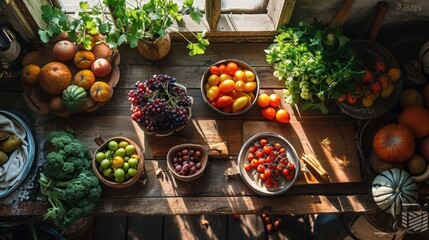 fresh vineyard produce, overhead shot, wooden harvest table, vibrant fruits and rustic wood.