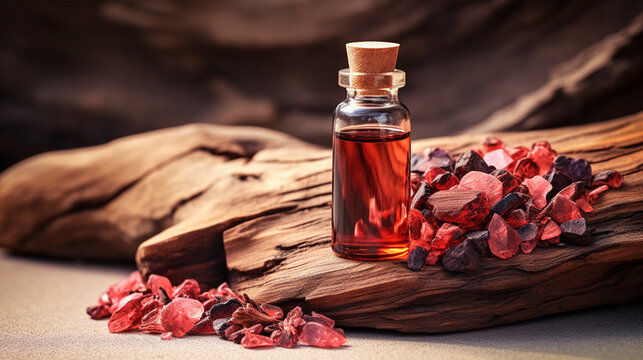 bottle, jar with rosewood essential oil extract