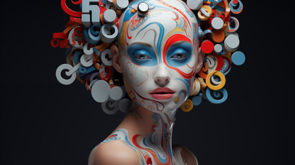 Fototapeta premium Künstlerisches Portrait einer Frau mit bunt bemaltem Gesicht und bunten 3D-Formen als Frisur, vor schwarzem Hintergrund. Abstrakte Illustration