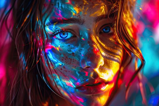 Woman with Expressive Eyes has a Neon Colors Face looking Wild Untamed - Joyful Abstract Aurora Borealis Brush Paint with Psychedelic Elements - Girl Background created with Generative AI Technology