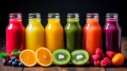 Smoothies from fresh fruits of different colors and flavors in glass jars.