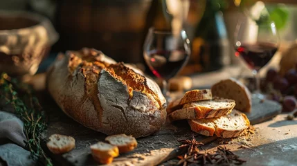 Selbstklebende Fototapeten freshly baked bread with wine, close-up shot, rustic vineyard table, wine and bread in harmony, warm morning rays, earthy browns and deep reds. © Татьяна Креминская