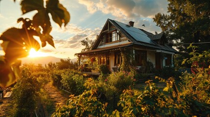 Beautiful sunset in the vineyard of the village with a wooden house - obrazy, fototapety, plakaty