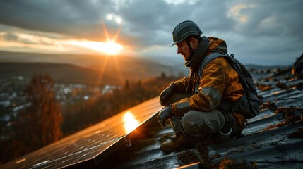 Photovoltaic technician working on the roof of a solar power plant.