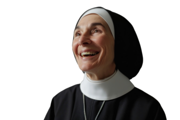 A smiling old nun looks skyward, habit, transparent or isolated on white background
