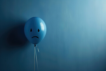 blue balloon on blue background with depressed face, generative ai 