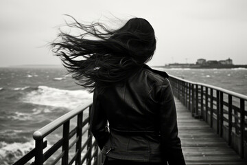 Fototapeta premium A woman leaning against a pier looking at the ocean, very long hair, windy, black and white photography