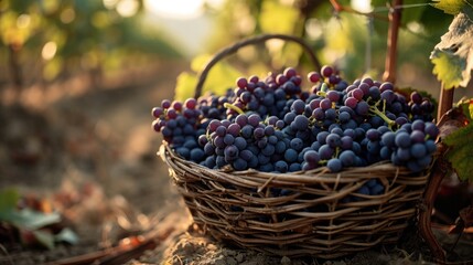 Fototapeta na wymiar grape harvest basket amidst vine rows, early morning sun, essence of the vineyard