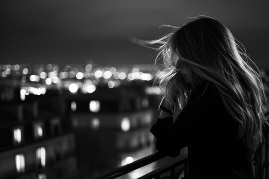 A woman leaning on a balcony looking at the city, very long hair, wind, black and white photography