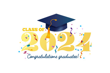 Congratulations graduates vector illustration. Class of 2024 trendy design template with graduation cap and colorful confetti isolated on white background. Grad ceremony typography concept.