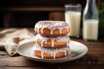 A heap of homemade freshly baked white glazed donuts with colorful sprinkles on the plate