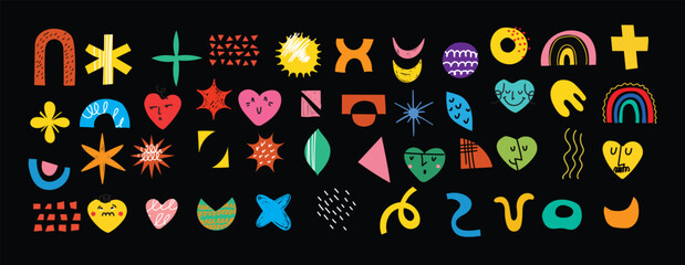 Set of abstract retro geometric doodle shapes vector. Collection of contemporary Vector illustrations and design elements perfect for banner, print, stickers, pins in cartoon 80s-90s style.