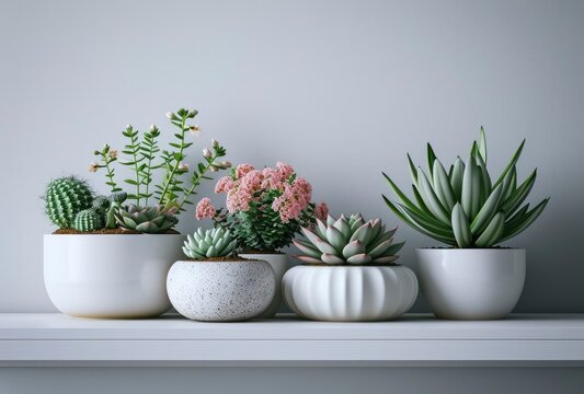 Planters for photo frame on white shelf with succulents