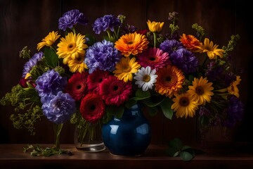 Immerse yourself in the beauty of a hyper-realistic still life featuring a mixed flower bouquet. The perfect lighting highlights