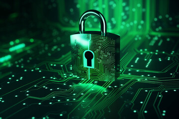 Green lock and secured digital data. Internet security technology metaphor. 3D render
