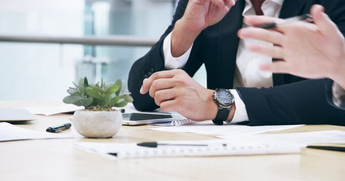 Group hands, business meeting and people teamwork on project management, corporate finance or economy strategy. Consulting, collaboration closeup and professional staff cooperation on financial plan