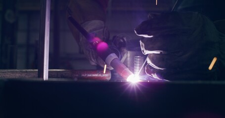 Welding Metal Parts At Steel Construction Industrial Workshop