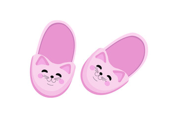 Naklejka na ściany i meble House slippers, cute pet. Funny cat slippers. Pair of fluffy cute shoes, kittens. Cartoon flat home warm comfortable sleeping shoes with animal. Isolated on white background.