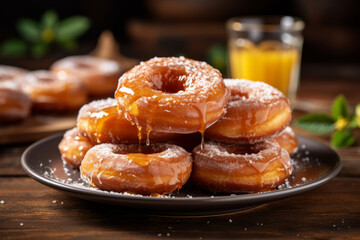 A heap of homemade freshly baked glazed donuts with sugar powder on the plate