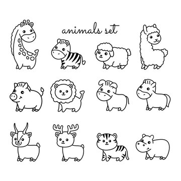 Hand drawn animals color elements.  Cartoon characters set.