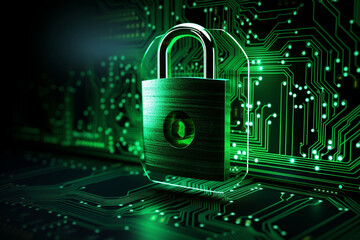 Green lock and secured digital data. Internet security technology metaphor. 3D render