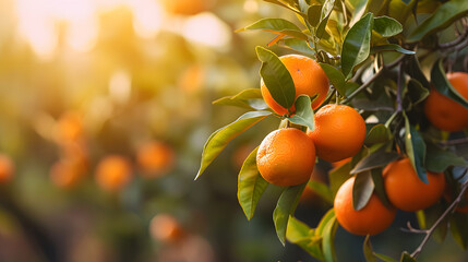 https://s.mj.run/WchtmxaGo-0 Citrus branches with organic ripe fresh oranges tangerines growing on branches with green leaves in sunny fruiting garden. - obrazy, fototapety, plakaty