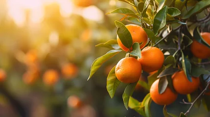 Fotobehang https://s.mj.run/WchtmxaGo-0 Citrus branches with organic ripe fresh oranges tangerines growing on branches with green leaves in sunny fruiting garden. © john