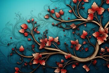 red and blaue blooming flower pattern background. design decorative filigree ornament plant illustration.