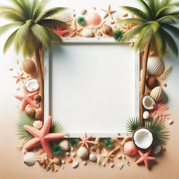 Coconut tree picture frame creating banner for summer travel, illustration style, Created ai generated