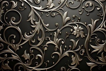elegant silver floral pattern on black background design. decorative filigree ornament illustration vintage retro style.